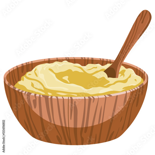 Traditional Ghee in Wooden Bowl with Spoon Cartoon Style Organic Butter