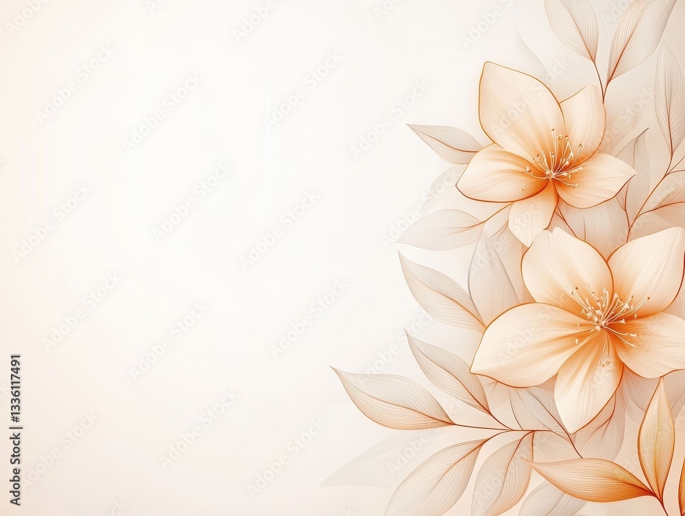 Obraz premium Soft peach blossoms with delicate leaves on a light background for design use