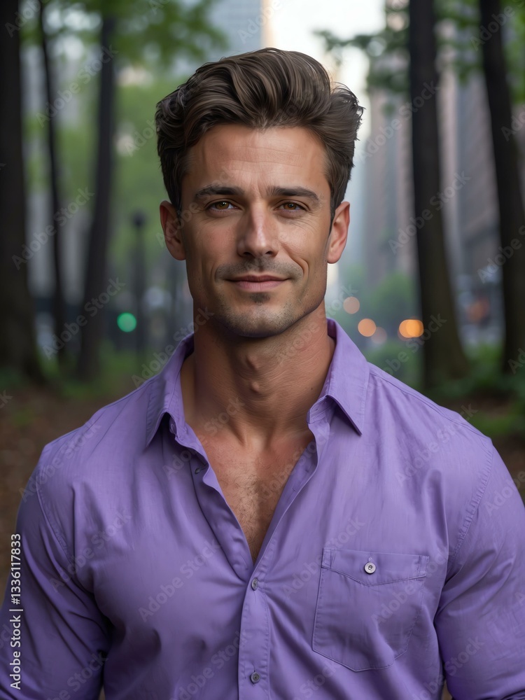 attractive adult american guy in purple casual wear portrait on city forest morning background, facing front and slightly smiling attractive adult american guy in purple casual wear portrait on city forest morning background, facing front and slightly smiling
