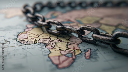 Heavy Metal Chain on Vintage World Map Global Interconnection and Constraints
