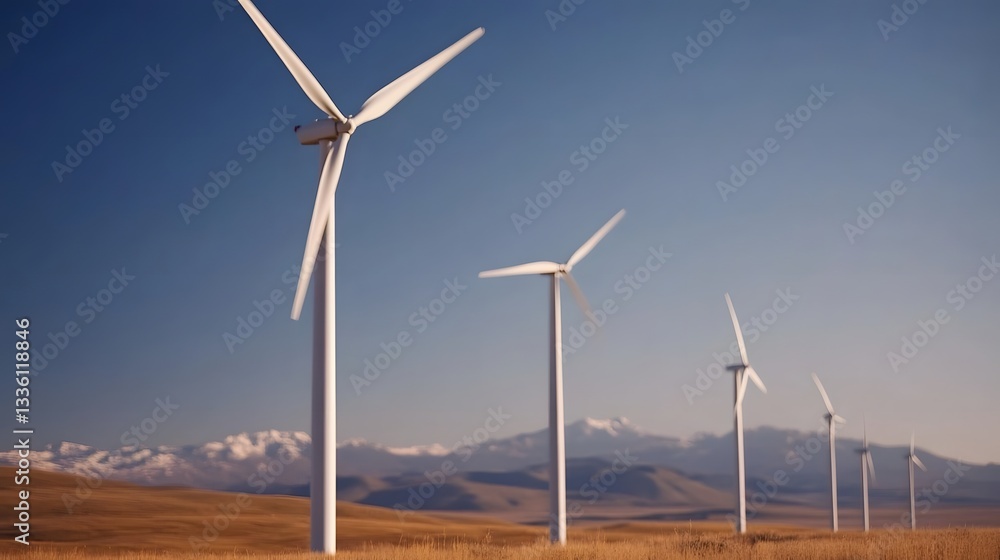 Wind Turbine Farm with Solar Panel Reflections Highlighting Hybrid Energy Production Wind Turbine Farm with Solar Panel Reflections Highlighting Hybrid Energy Production