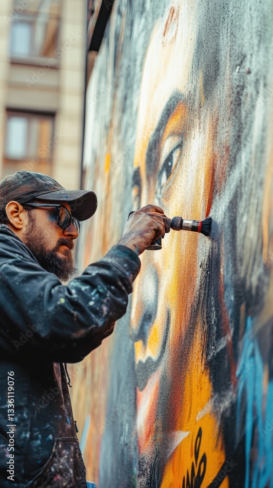 Obraz premium Street artist painting vibrant mural on urban wall in a bustling city neighborhood during daytime