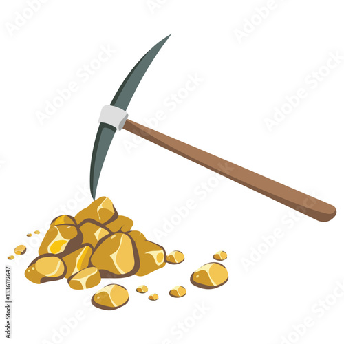 Wooden Pickaxe and Gold Ore Vector Illustration of Mining Tools