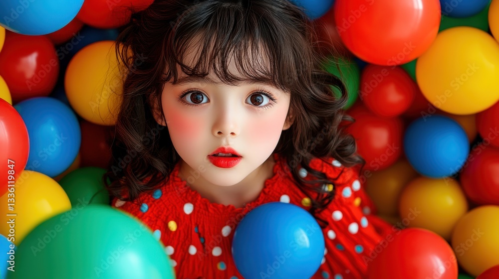 Obraz premium Adorable Girl in a Colorful Ball Pit: A Playful Portrait