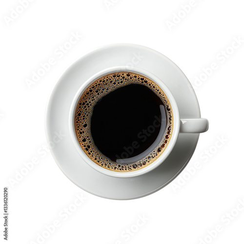 Freshly Brewed Coffee in White Ceramic Cup, Top View, Rich Brown Liquid with Foam, Morning Ritual, Perfect for Coffee Lovers
