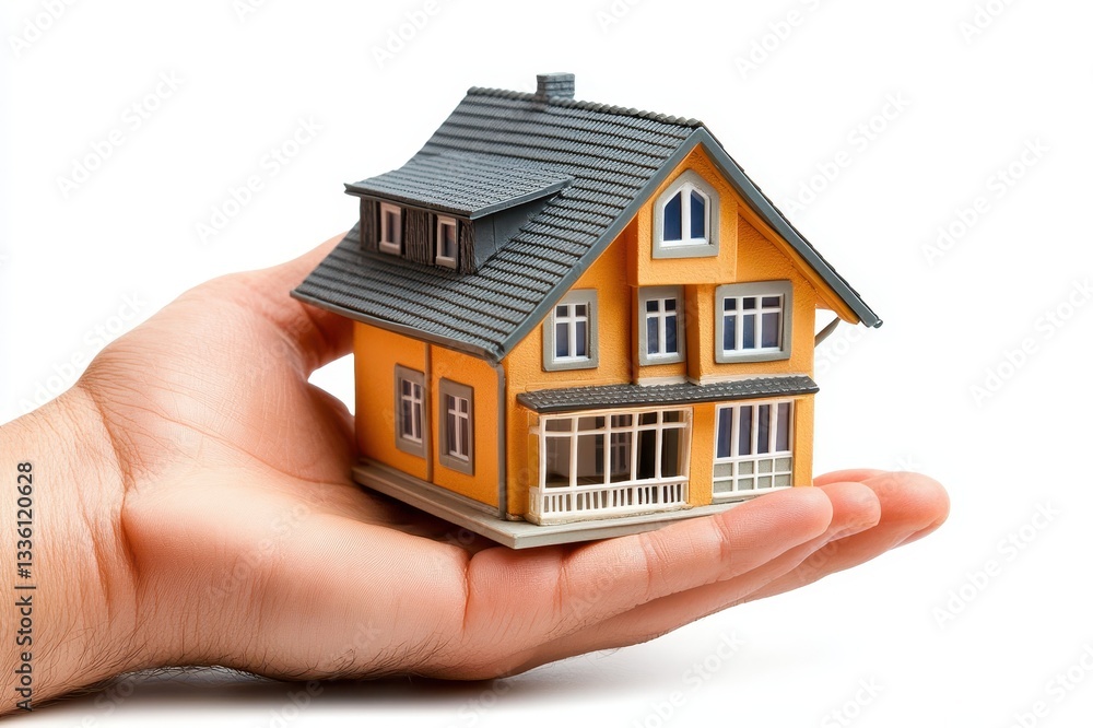 Hand holding a yellow house model home ownership real estate Hand holding a yellow house model home ownership real estate