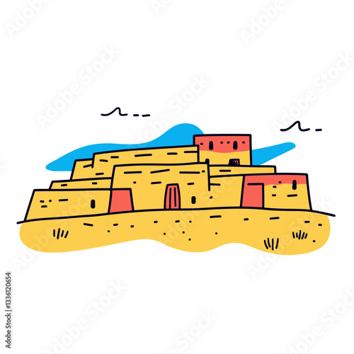 Simple minimalist drawing of Chaco Culture National Historical Park. Chaco Culture National Historical Park illustration in an doodle inca cartoon style