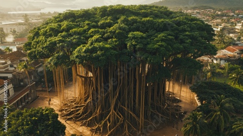 Majestic banyan tree, aerial view of intricate root system and expansive canopy against cityscape backdrop