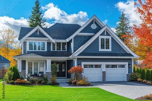 Stunning two story blue house autumn landscape
