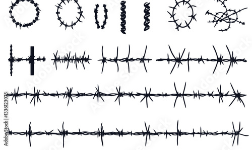 Barbed Wire Vector Icons Set: Industrial Security and Protection Elements