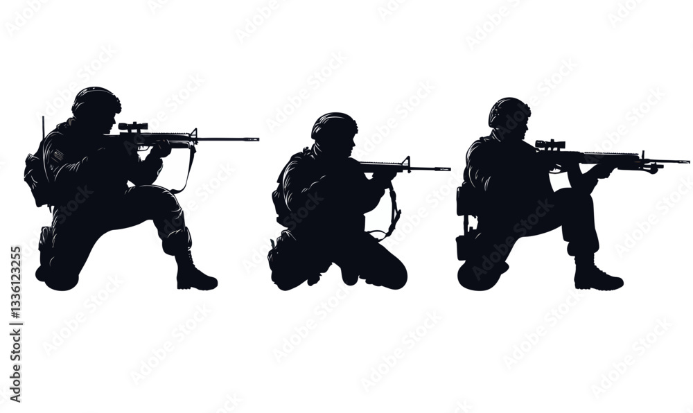 Obraz premium Tactical Army Sniper Soldiers Silhouettes Collection on Duty Vector Art