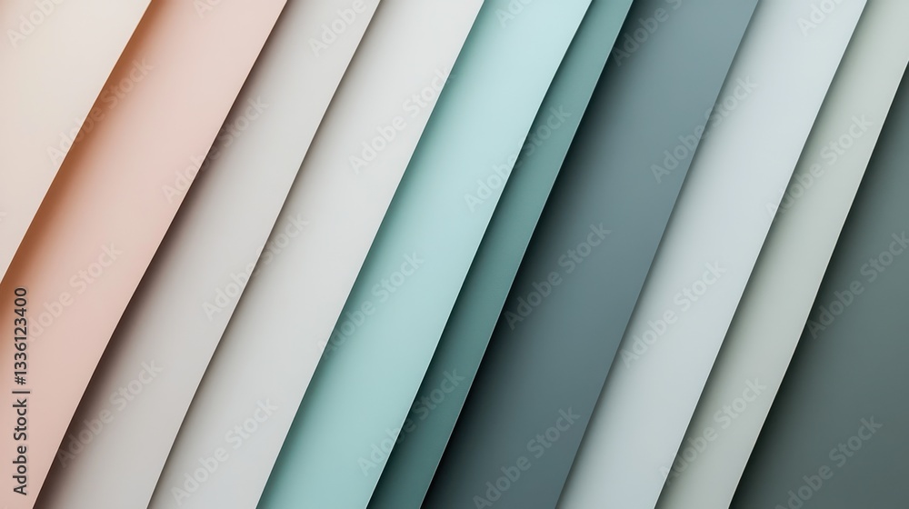 Obraz premium Gradient fill showcases a minimalist design in muted shades of teal, beige, and gray across layered papers in a soft, artistic arrangement