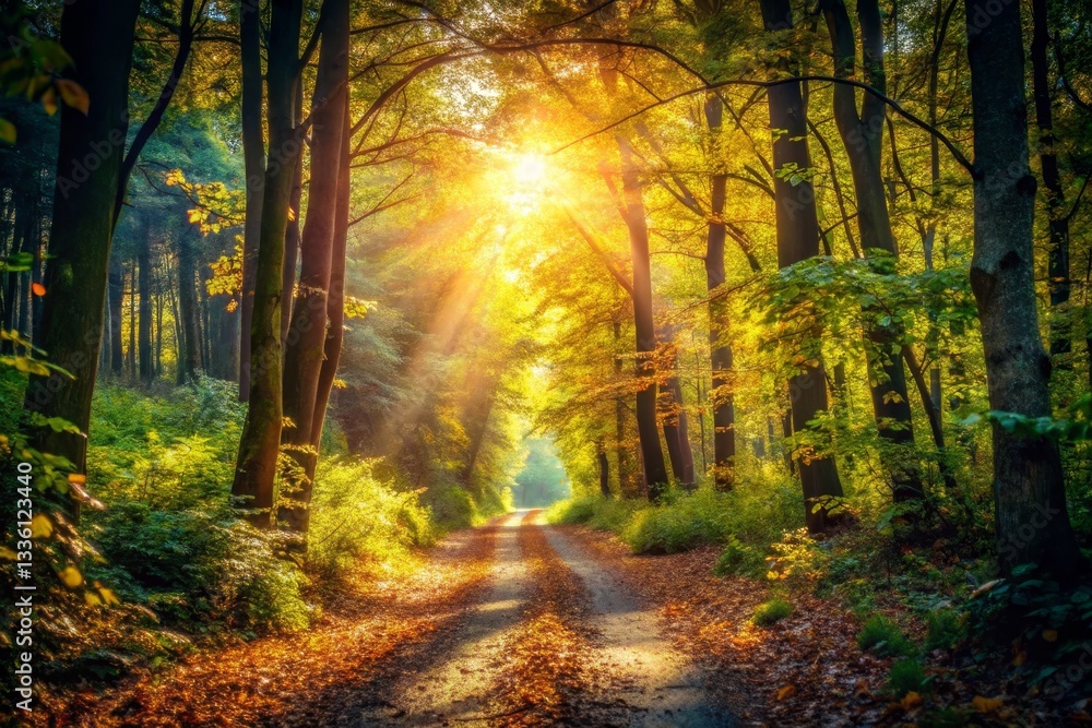 Fototapeta premium Sunlit Path Through Autumn Forest