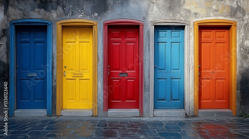 Colorful doors  old wall  cobblestone street  travel background