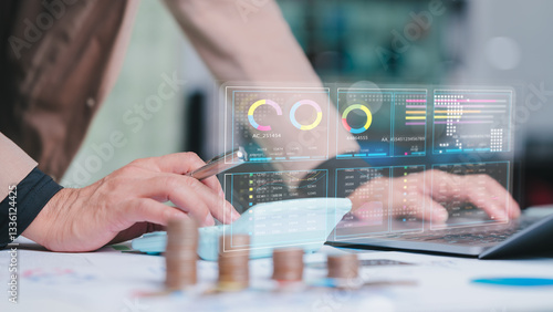 Photos Modern Financial Management Hands On Digital Analysis With Laptop, Calculator, A