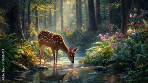 A festive deer drinks from a serene forest stream, surrounded by ferns and wildflowers, soft natural lighting adding warmth to the scene.