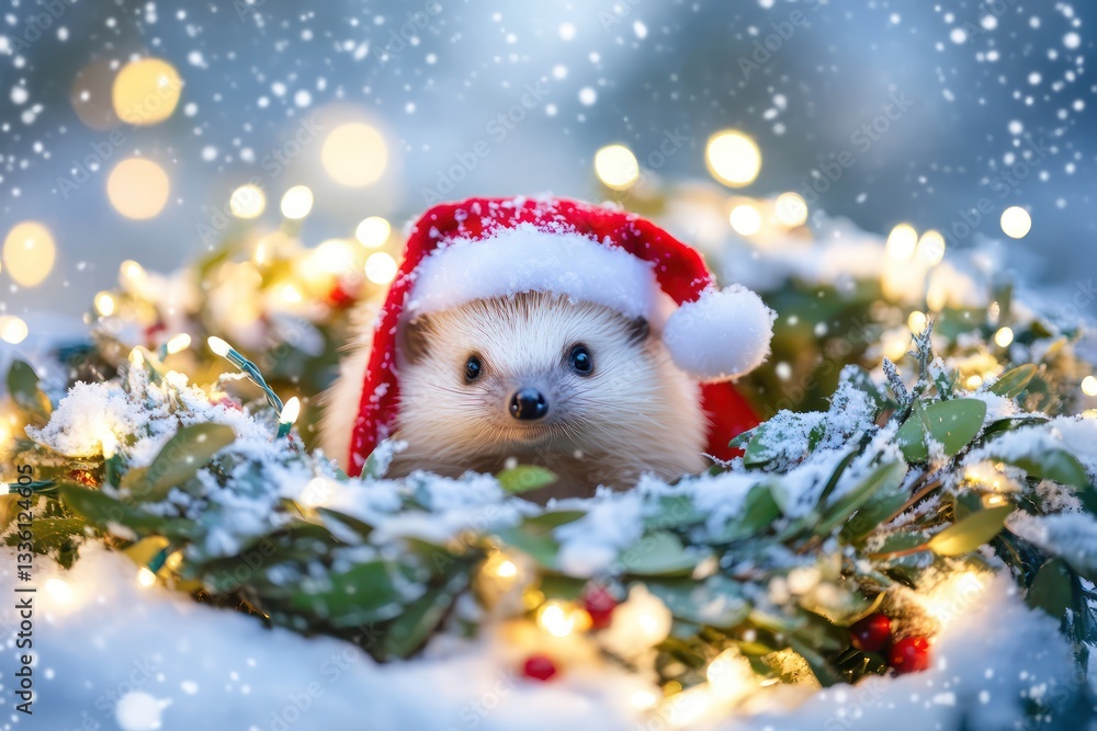 A festive hedgehog, dressed in a tiny Santa suit, rests within a holiday wreath surrounded by twinkling lights and soft snowfall. A festive hedgehog, dressed in a tiny Santa suit, rests within a holiday wreath surrounded by twinkling lights and soft snowfall.
