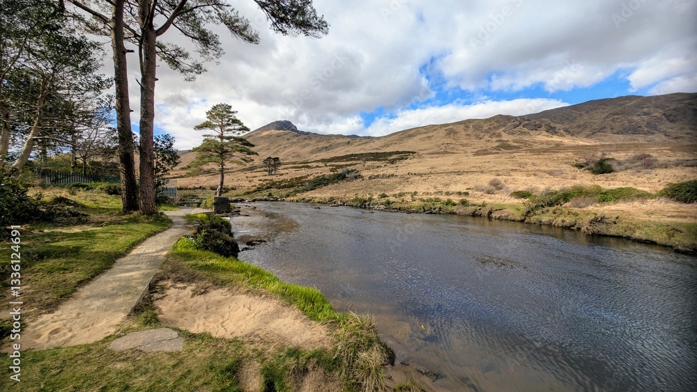 Beautiful landscape scenery, river Erriff surrounded by mountains near Aesleagh falls, county Mayo, Ireland, nature background