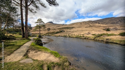 Beautiful landscape scenery, river Erriff surrounded by mountains near Aesleagh falls, county Mayo, Ireland, nature background