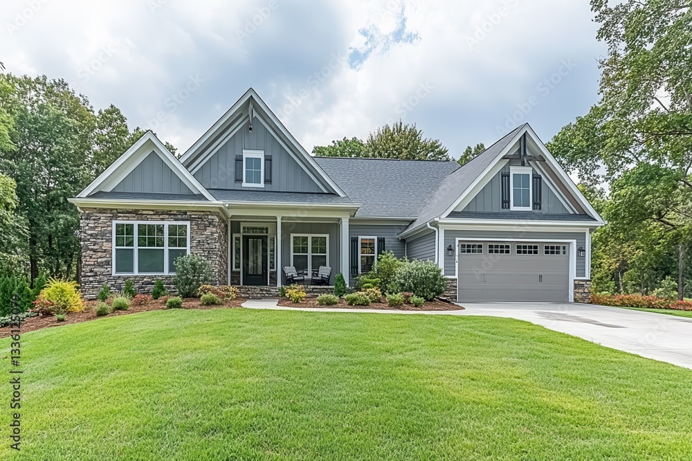 Obraz premium Stunning Gray Farmhouse Dream Home Landscaping