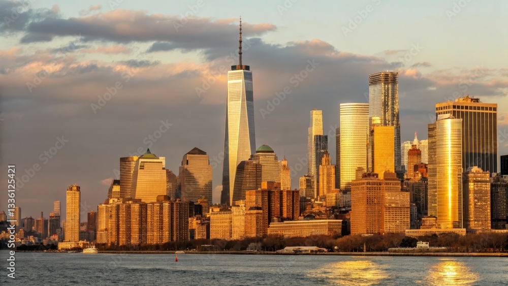 Obraz premium Golden skyline with modern buildings reflecting sunlight at sunset.