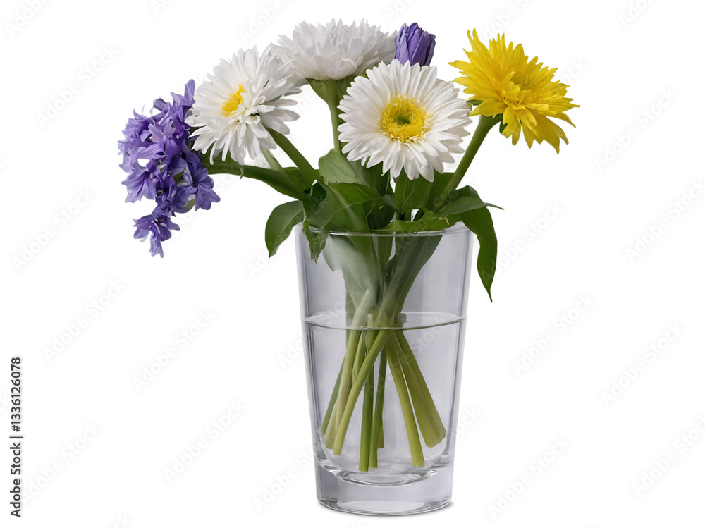 Fototapeta premium A bouquet of fresh flowers in a transparent glass vase offering a vibrant and refreshing display on a solid background