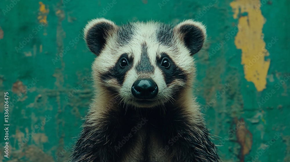 Fototapeta premium Curious raccoon portrait, green wall background