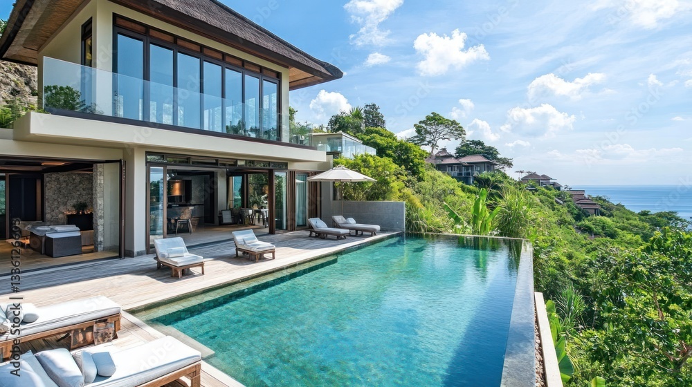 Obraz premium Exquisite villa with infinity pool overlooking the azure ocean and tropical landscape