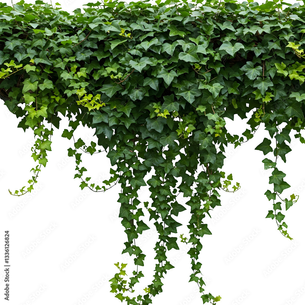 Green ivy vines with cascading leaves against a transparent background, set on a white backdrop Green ivy vines with cascading leaves against a transparent background, set on a white backdrop