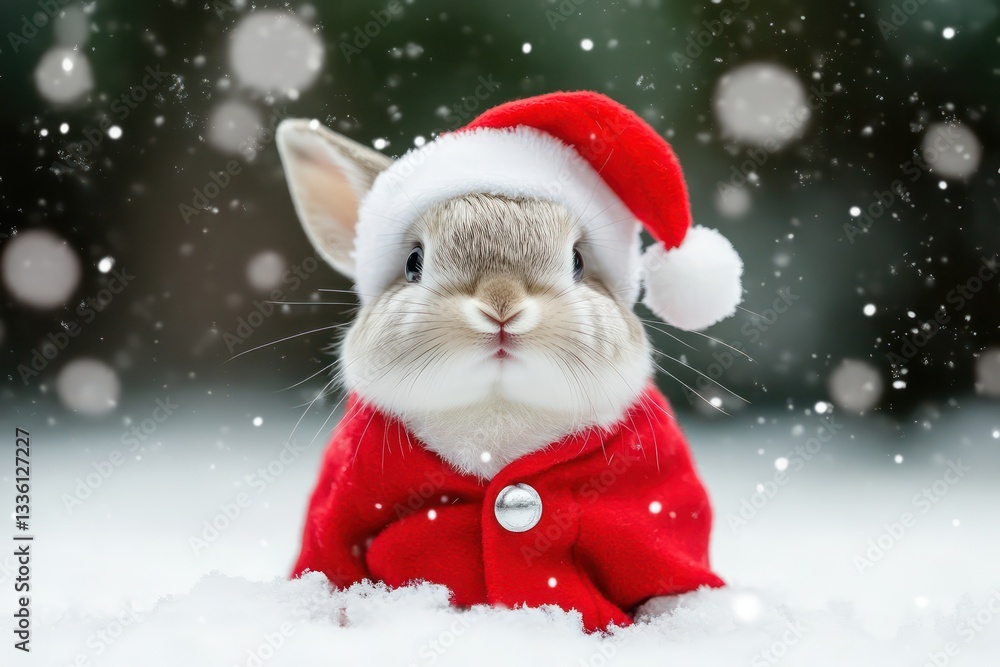 A fluffy white bunny in a red Santa hat and tiny coat, its big eyes full of curiosity as it peeks into the camera. A fluffy white bunny in a red Santa hat and tiny coat, its big eyes full of curiosity as it peeks into the camera.