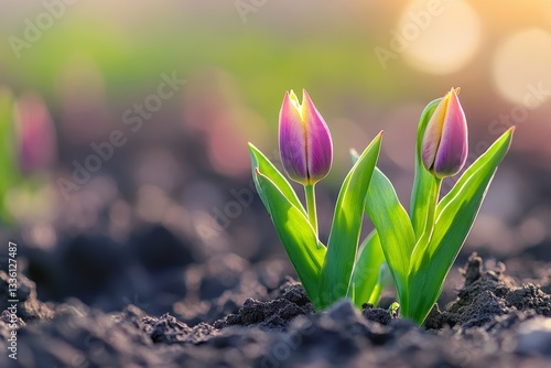 Two vibrant pink tulips emerging from dark soil, bathed in golden sunlight photo