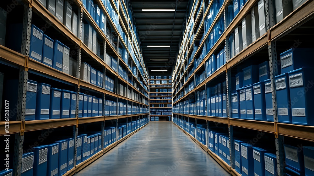 Fototapeta premium Endless Aisles of Blue Boxes in a Modern Warehouse