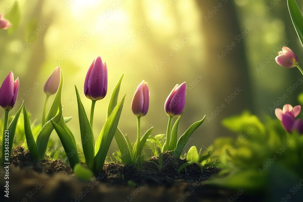 Sunlight illuminates vibrant tulips in a forest setting Sunlight illuminates vibrant tulips in a forest setting