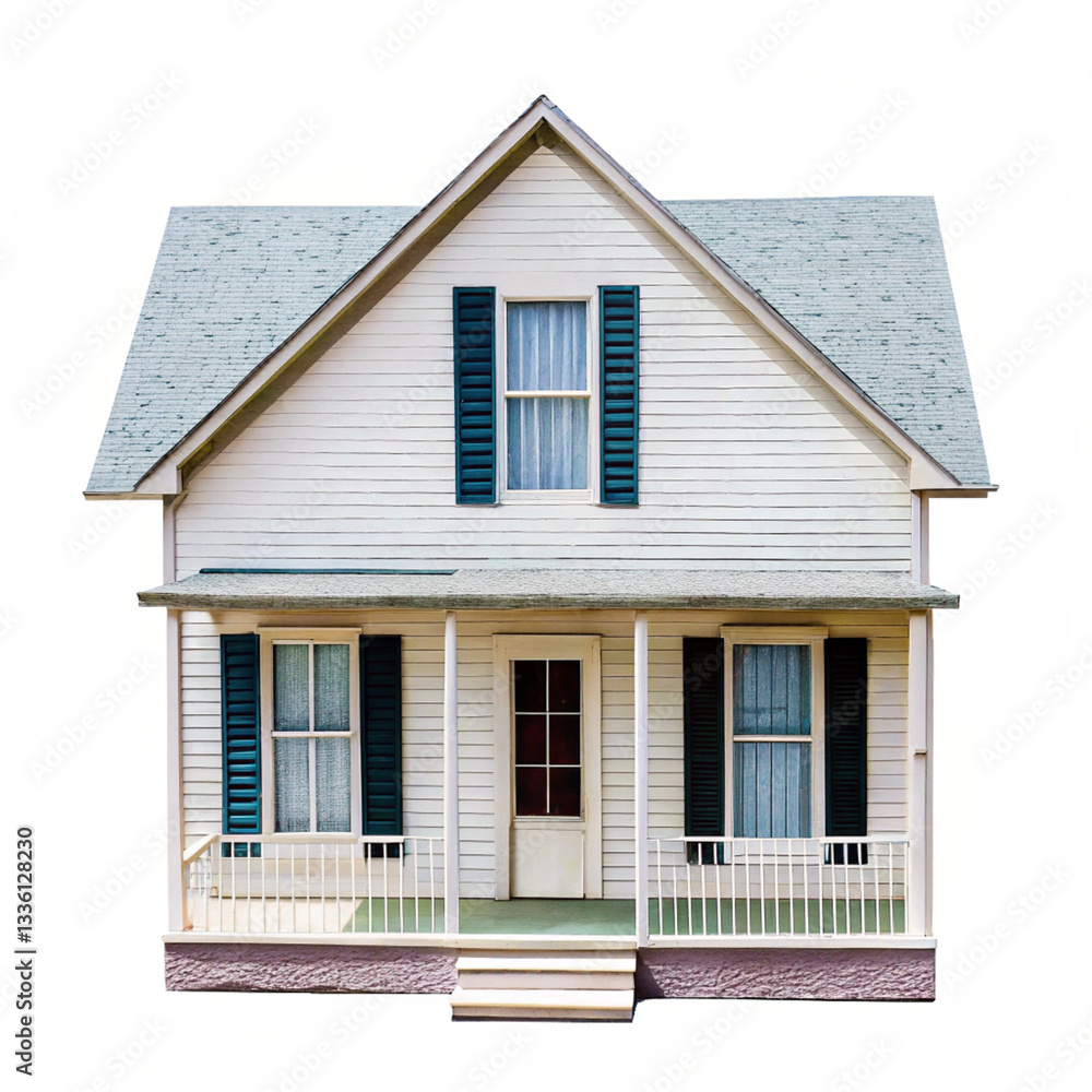 Charming White House with Green Shutters and Porch Front View Charming White House with Green Shutters and Porch Front View
