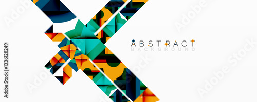 Abstract geometric artwork with interwoven angular and curved shapes, dynamic composition with smooth gradients and bold contrasts