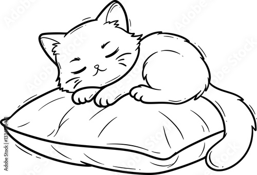Cute Cartoon Cat Sleeping on Soft Pillow Outline