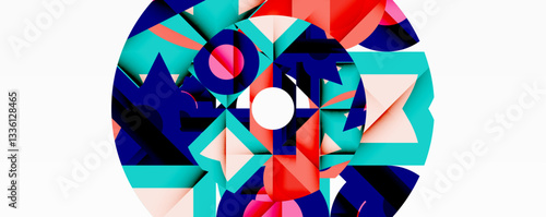 Abstract geometric artwork with interwoven angular and curved shapes, dynamic composition with smooth gradients and bold contrasts