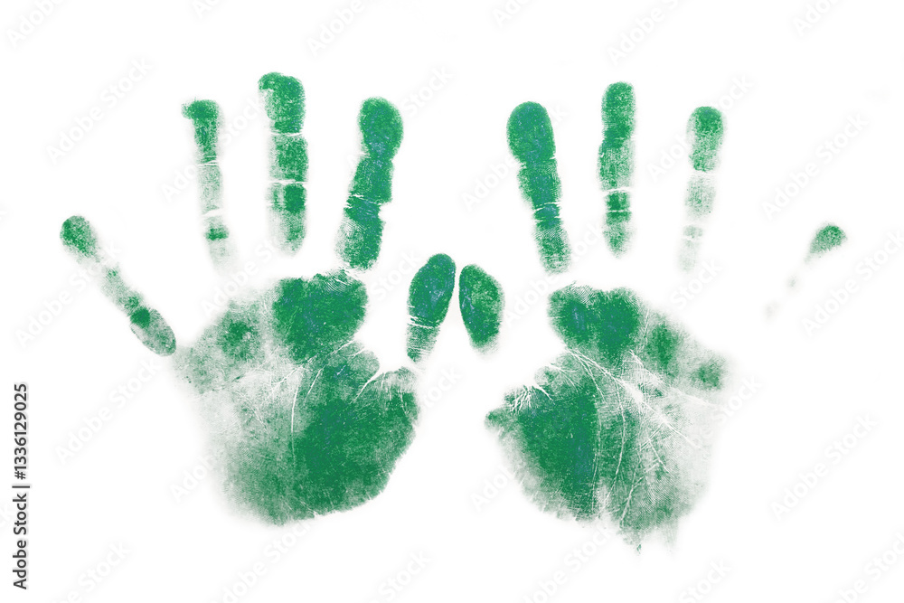 Green handprints on white background - symbol of ecology, creativity and self-expression. Abstract image of two green handprints on a clean white background. Concept of environmental protection. Green handprints on white background - symbol of ecology, creativity and self-expression. Abstract image of two green handprints on a clean white background. Concept of environmental protection.