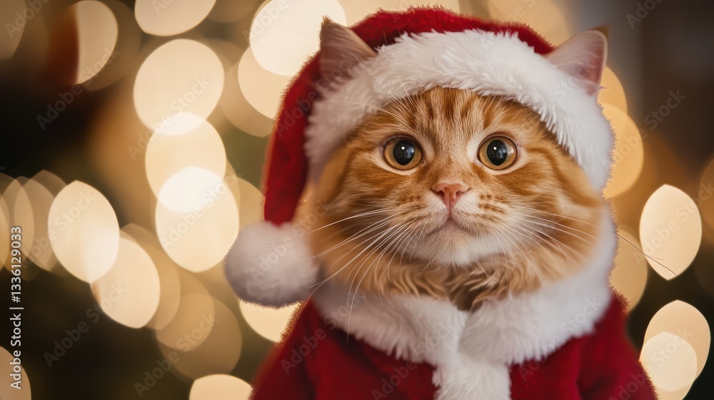 A ginger cat in a Santa Claus costume, its fluffy beard accentuated by a mischievous twinkle in its eyes. A ginger cat in a Santa Claus costume, its fluffy beard accentuated by a mischievous twinkle in its eyes.