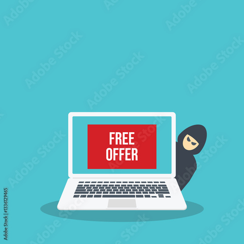 Hacker and free offer message banner on a laptop computer. Hacking concept.