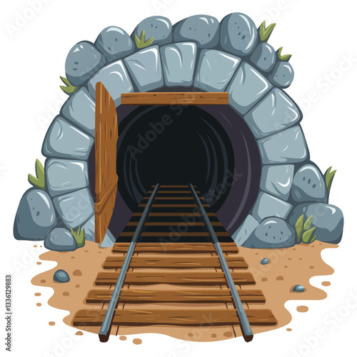 Textured Cartoon Mine Tunnel Cave Entrance with Railway and Wooden Planks