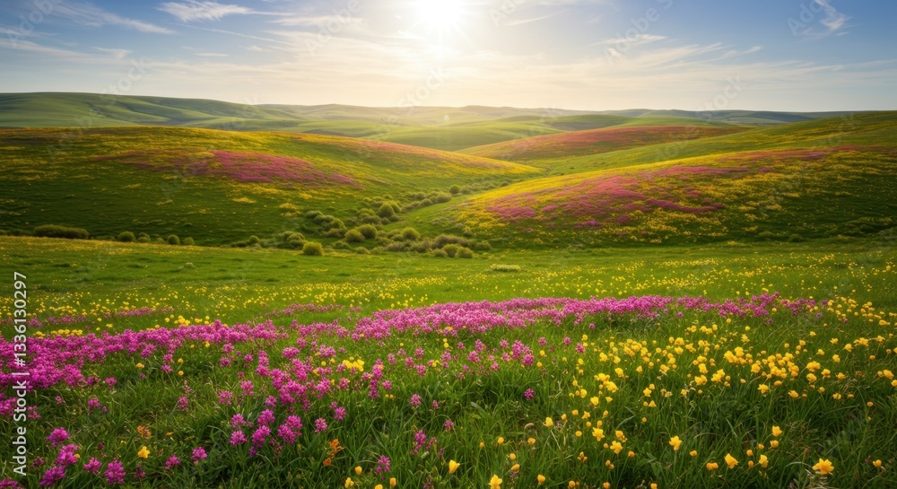 Obraz premium Stunning Spring Landscape: Vibrant Wildflowers Bloom Across Rolling Hills Under a Sunny Sky