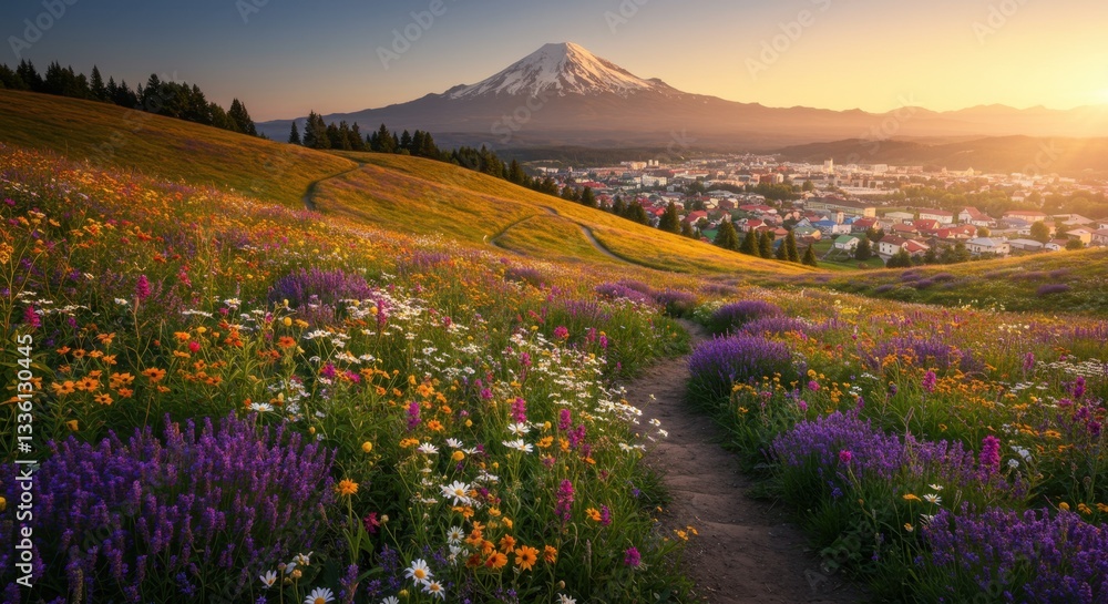 Obraz premium Sunrise over Wildflower Meadow and Majestic Volcano, Scenic Town in Background