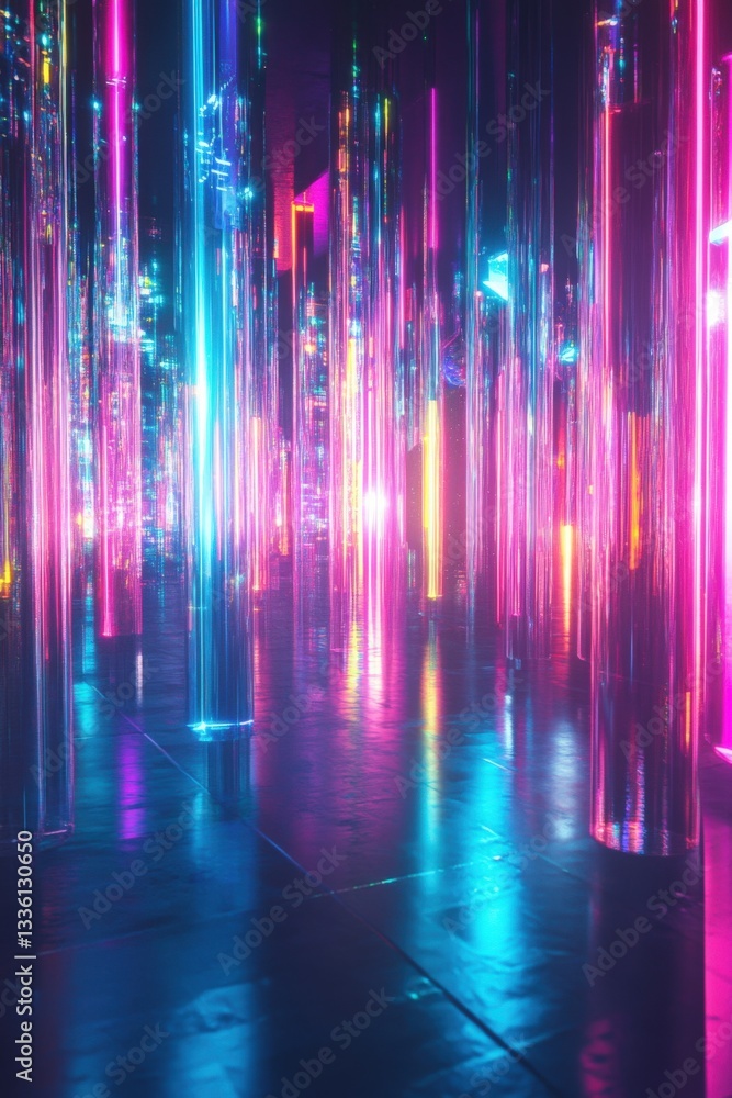 Neon city lights reflected on wet ground at night. Neon city lights reflected on wet ground at night.