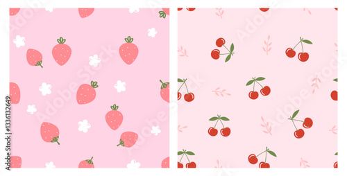 Seamless patterns with strawberry, white flower, cherry and branches on pink backgrounds vector.