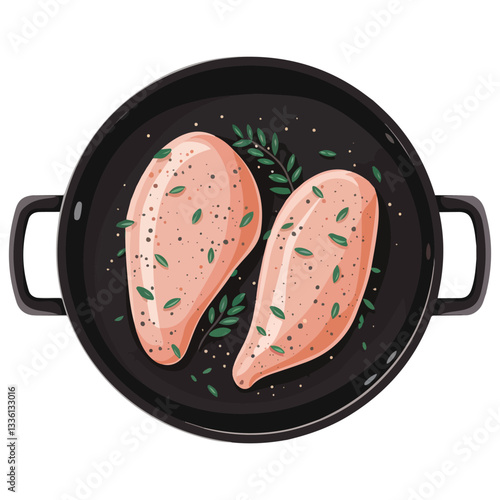 Top View of Fried Chicken Breast with Sauce and Spices Cartoon Style