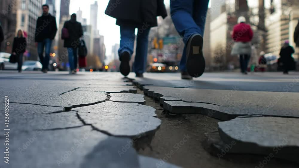 Urban landscape featuring a cracked city street with blurred pedestrians walking by Urban landscape featuring a cracked city street with blurred pedestrians walking by