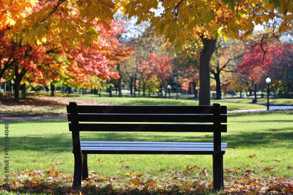 A Tranquil Autumn Scene Park Bench in Vivid Fall Foliage Landscape A Tranquil Autumn Scene Park Bench in Vivid Fall Foliage Landscape