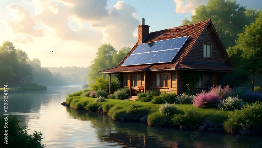 Fototapeta premium Riverside Cottage with Solar Panels in Misty Morning