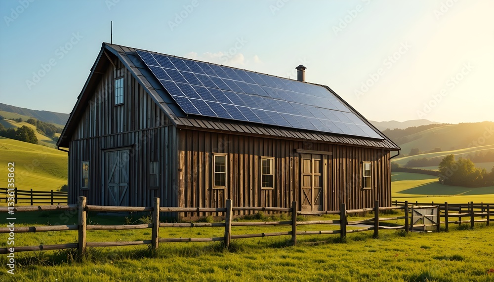 Obraz premium Solar Barn in Rural Landscape at Sunset